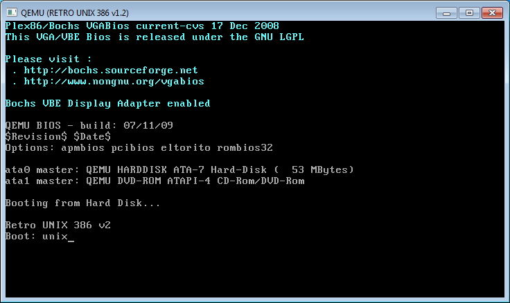 Retro UNIX 386 v1.2 hd0 start screen